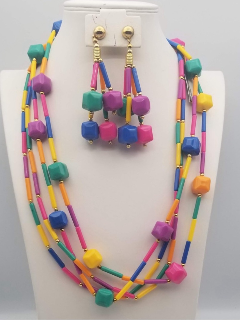 Colorful Multi-Strand Cube Bead Necklace & Earring Set - Multicolor